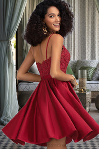 Clara A-line V-Neck Short/Mini Lace Satin Homecoming Dress With Beading XXCP0020554