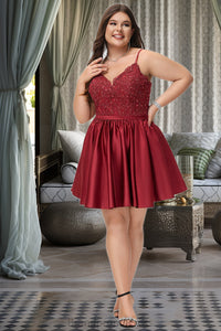 Clara A-line V-Neck Short/Mini Lace Satin Homecoming Dress With Beading XXCP0020554