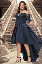 Load image into Gallery viewer, Tina A-line Off the Shoulder Asymmetrical Lace Satin Homecoming Dress With Sequins XXCP0020580