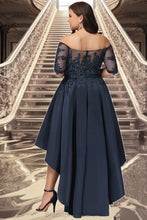 Load image into Gallery viewer, Tina A-line Off the Shoulder Asymmetrical Lace Satin Homecoming Dress With Sequins XXCP0020580