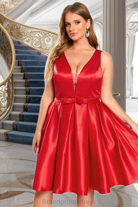 Jaelyn A-line V-Neck Short/Mini Satin Homecoming Dress With Bow XXCP0020583
