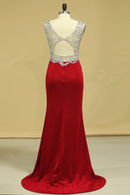 Load image into Gallery viewer, 2024 Red V Neck Beaded Bodice Open Back Prom Dresses Column Spandex Sweep Train Plus Size