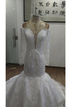 Load image into Gallery viewer, Long Sleeves Mermaid Tulle Off The Shoulder Wedding Dresses With Applique And Beads