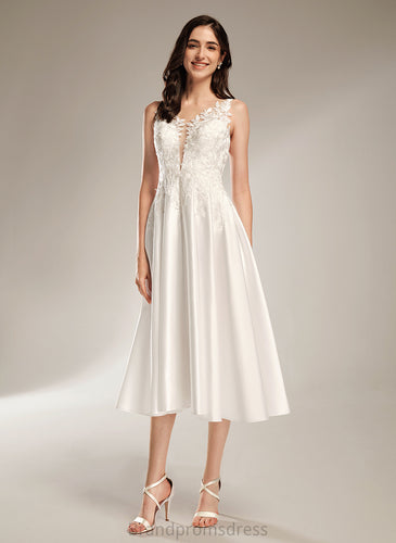 With V-neck Wedding Dresses Dress Tea-Length Pockets Lace Gisselle Satin A-Line Wedding