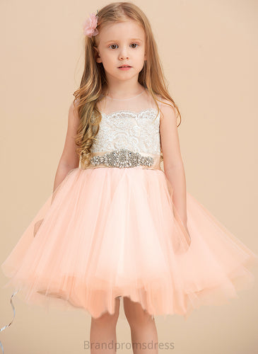 (Undetachable - With Flower Girl Dresses sash) Knee-length Girl Scoop Flower A-Line Neck Cecilia Dress Sleeveless Beading Satin/Tulle/Lace