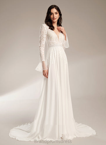 Chiffon Dress Lindsey A-Line Lace Court With Ruffle Train Wedding V-neck Wedding Dresses