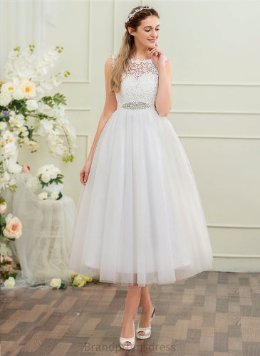 With Izabelle Wedding Wedding Dresses Satin Tulle Ball-Gown/Princess Tea-Length Dress Lace Beading Neck Scoop Sequins