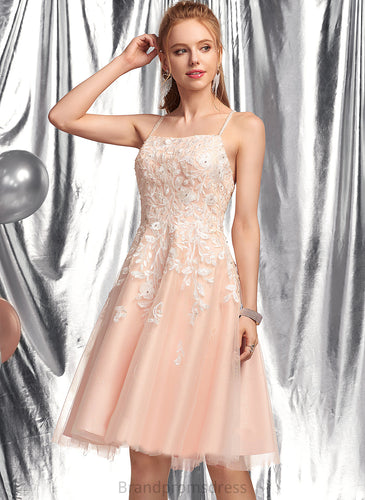 Homecoming Dresses A-Line Neckline Square Tulle Beading Homecoming Lorena Dress Knee-Length With Lace