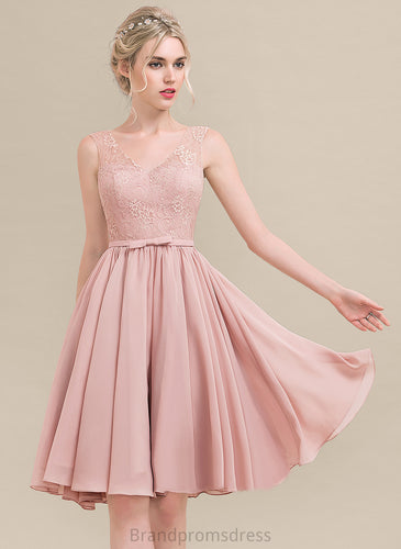 With Chiffon V-neck A-Line Lace Abril Bow(s) Lace Homecoming Knee-Length Homecoming Dresses Dress