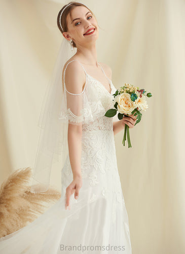 Tulle Wedding Train Larissa Sweep Lace Beading A-Line V-neck With Wedding Dresses Dress
