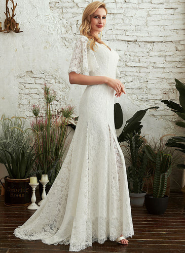 Marissa Sweep Sheath/Column V-neck Lace Wedding Wedding Dresses Dress Split Train Front With