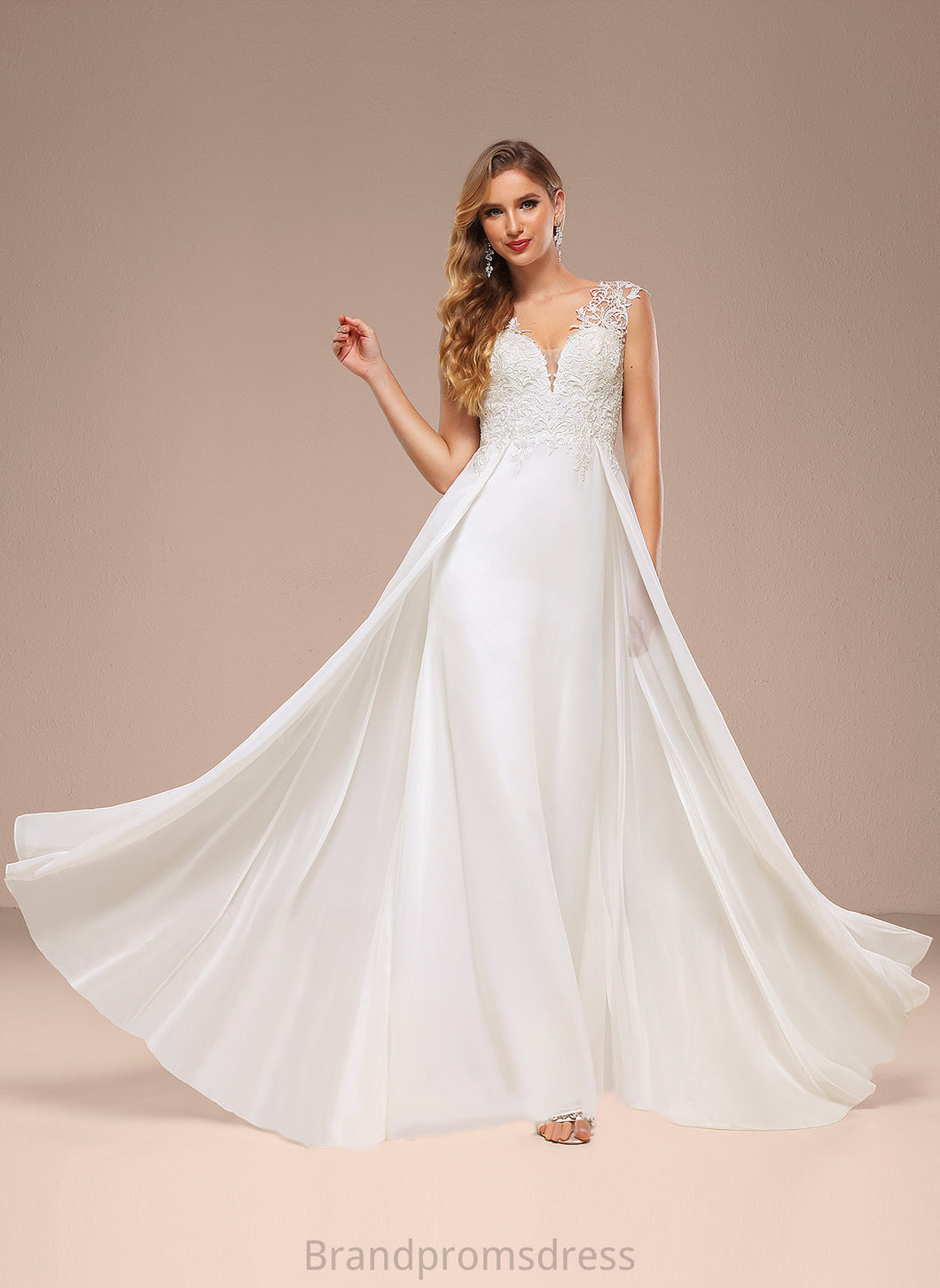 Train Chiffon Lena Wedding Lace Dress V-neck A-Line Sweep Wedding Dresses