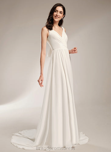 V-neck Lace Mila Wedding Court Dress Train With A-Line Chiffon Wedding Dresses