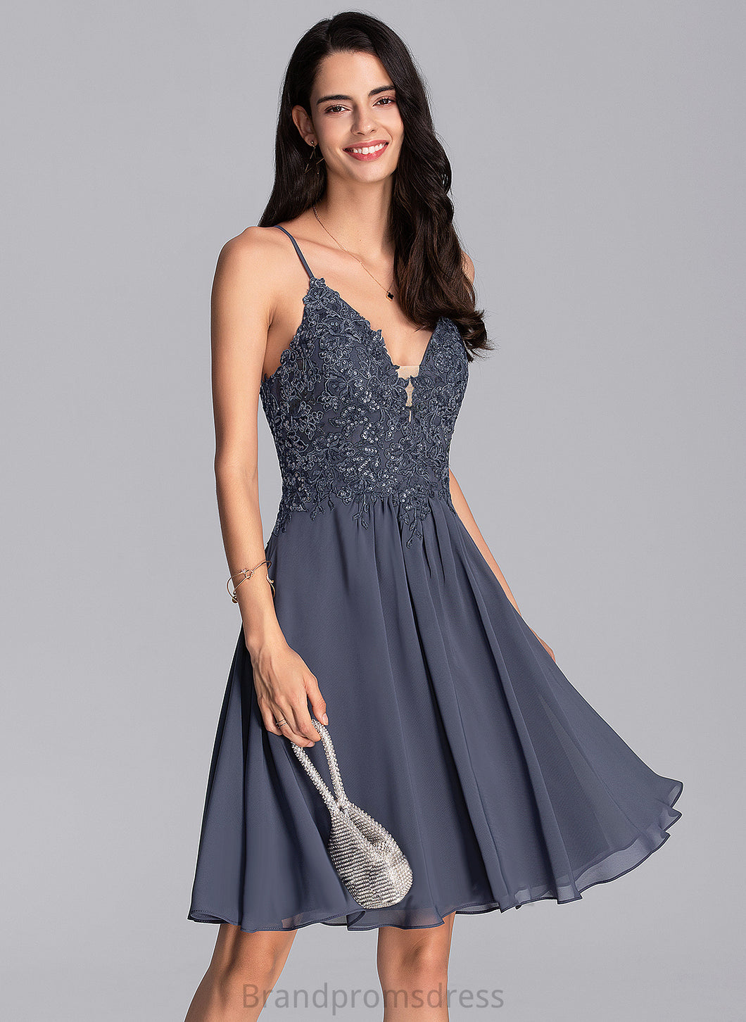 Homecoming V-neck Knee-Length Dress Ashlyn A-Line Lace Beading Chiffon Homecoming Dresses With