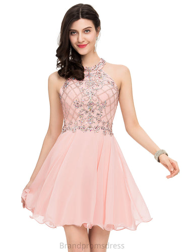 Short/Mini Sue With Sequins Scoop A-Line Beading Chiffon Neck Dress Homecoming Homecoming Dresses