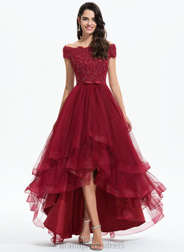 Gwen Asymmetrical Off-the-Shoulder A-Line With Tulle Beading Bow(s) Homecoming Homecoming Dresses Lace Dress