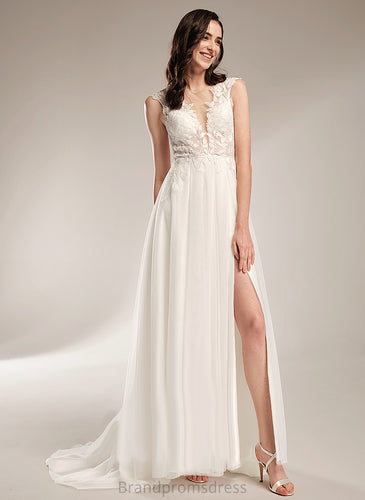 Lace Court Train Tulle With Wedding Dresses A-Line Marley Wedding Sequins V-neck Dress