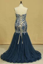 Load image into Gallery viewer, 2024 Strapless Mermaid Prom Dresses Tulle &amp; Lace With Rhinestones And Beads Plus Size