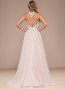 Wedding Tulle Dress A-Line Sweep With Lace Wedding Dresses Lila Halter Sequins Train Beading