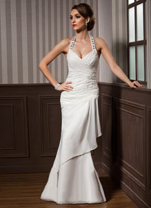 Sheath/Column Chiffon Appliques Alivia Beading Halter Wedding Floor-Length Ruffle Dress Lace Sequins Wedding Dresses With