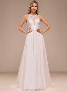 Wedding Tulle Dress A-Line Sweep With Lace Wedding Dresses Lila Halter Sequins Train Beading