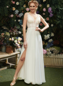 Floor-Length Lace Sequins Wedding Dresses With Split Dress Chiffon V-neck Sydney Wedding Front A-Line
