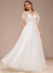 Wedding V-neck With Dress Sequins Tulle Ruffle Floor-Length A-Line Jeanie Wedding Dresses Lace