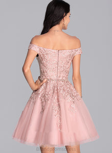With Naima Homecoming Dresses A-Line Tulle Lace Short/Mini Homecoming Off-the-Shoulder Dress Beading