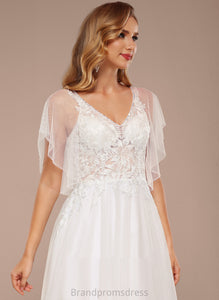 Wedding V-neck With Dress Sequins Tulle Ruffle Floor-Length A-Line Jeanie Wedding Dresses Lace