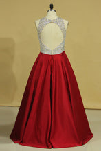 Load image into Gallery viewer, 2024 Burgundy Scoop Open Back Beaded Bodice A Line Prom Dresses Satin &amp; Tulle Plus Size